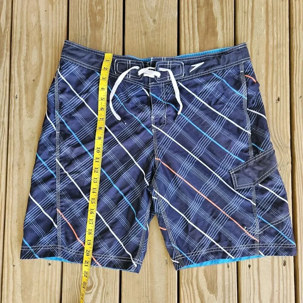 Speedo Mens's Medium Plaid Board Shorts Blue Orange Retro Surf Swim Trunks